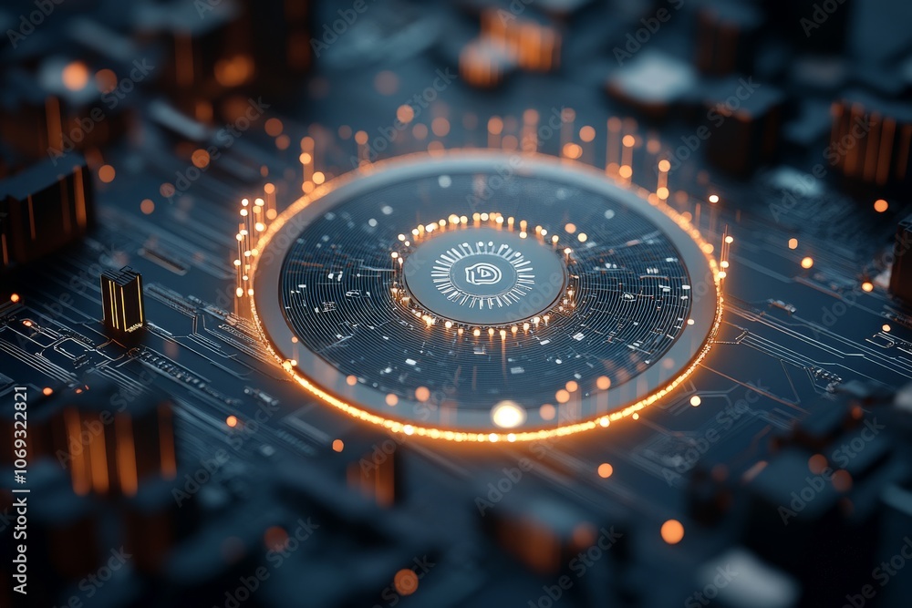Poster a circular glowing chip embedded within a digital system, representing advanced computing, processin