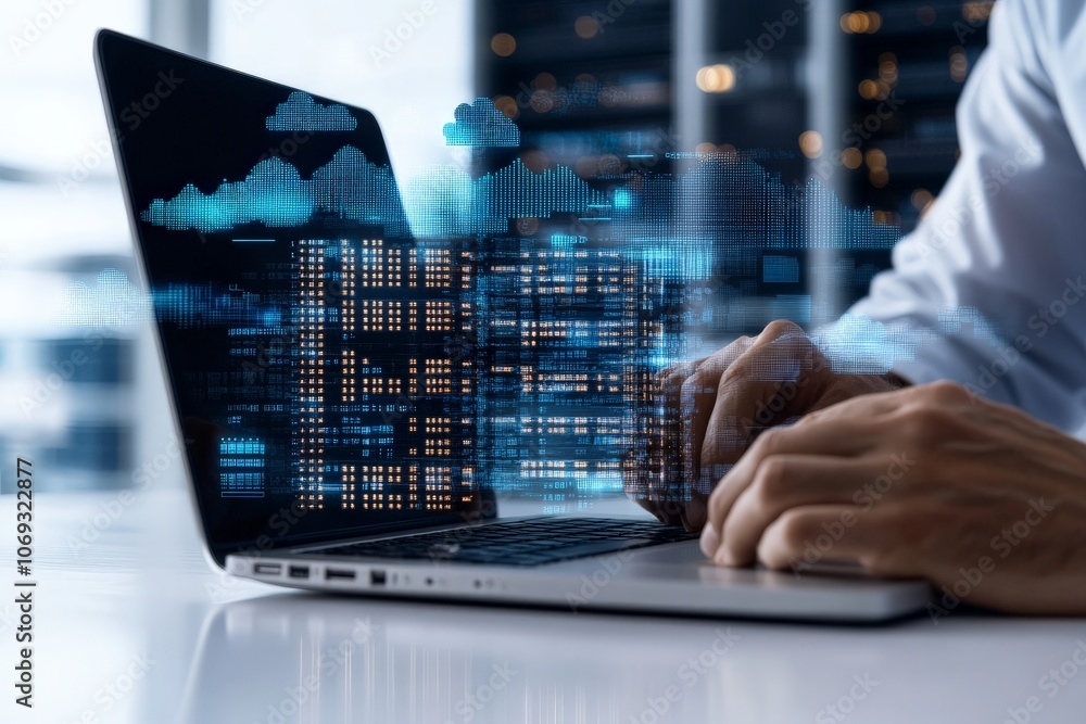 Poster a person uses a laptop, featuring a digital cloud overlay, symbolizing cloud computing and technolog