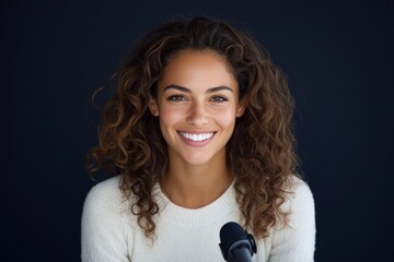A smiling woman in a white sweater with a microphone against a dark background, conveying warmth, approachability, and a passion for communication and media.