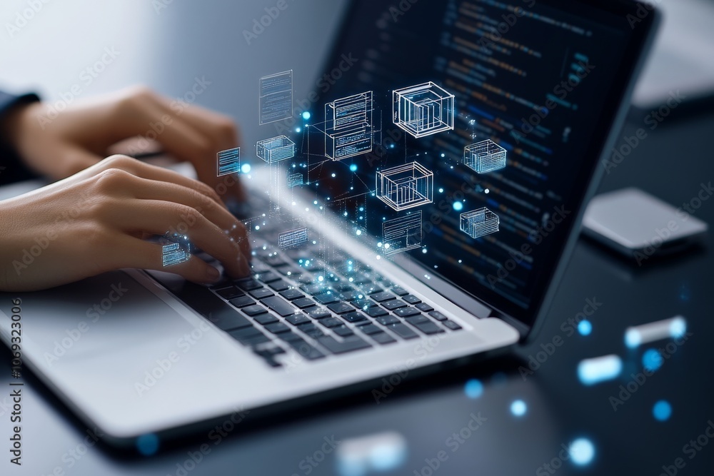Poster the image depicts hands typing on a laptop with floating digital elements, representing modern techn