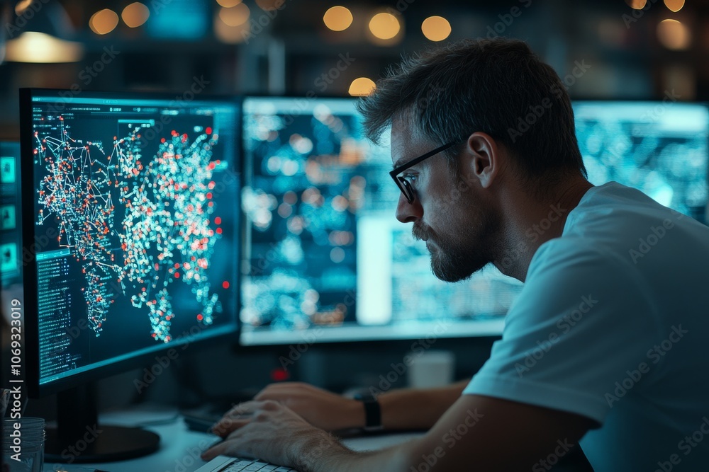 Poster a man with glasses intensely analyzing data on dual computer screens in an office setting, showcasin