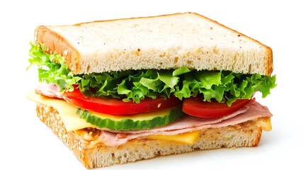 A sandwich with bread, lettuce, tomato, onion, cucumber, and meat.

