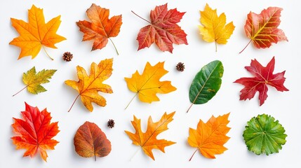 Collection of multicolored fallen autumn leaves isolated on a white background