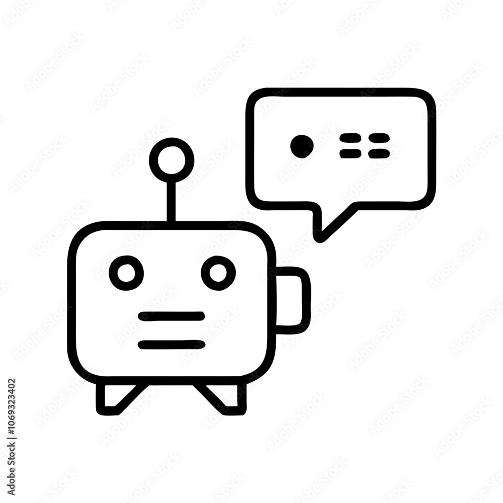 Poster ai chatbot illustration with speech bubble and robotic character on white background