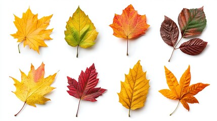 Collection of vibrant colorful autumn leaves on a white background Autumn season theme