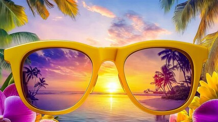 The vibrant yellow sunglasses frame a breathtaking sunset on a tropical beach, surrounded by lush palms and vivid flowers. The scene exudes a sense of tranquil summer evenings and leisure travel.
