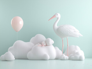 White Stork on pastel green background - Baby Shower Invitation © Maria