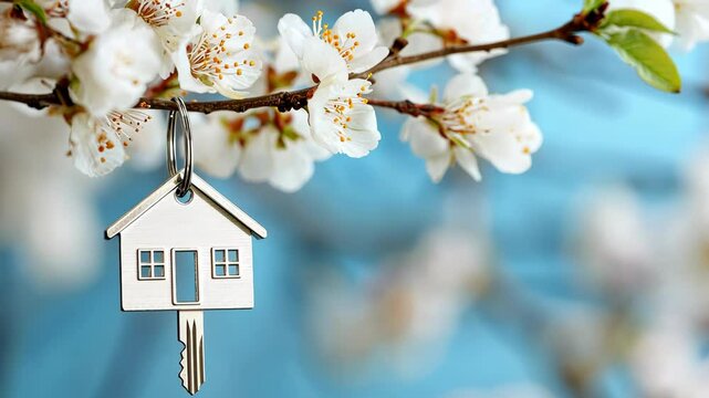 A house key hangs from a blossoming branch, symbolizing new beginnings and the arrival of spring