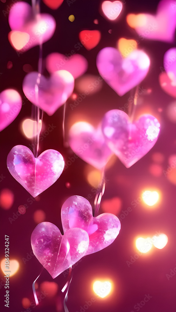 Poster bunch of pink hearts are hanging from a string
