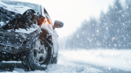 Damaged Car in Snowy Winter Roadside Winter Accident Scene