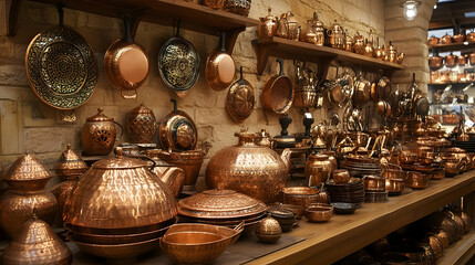 Copper Cookware: Aesthetic display of beautiful handcrafted copper pots and pans.   