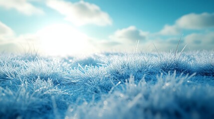 Frozen grass lawn with morning dew turning into a white winter frost blanket