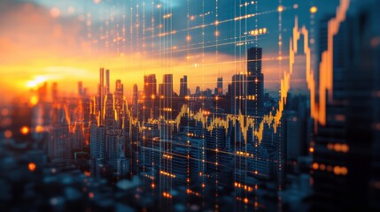 Obraz premium Dynamic city skyline with financial data overlay at sunset, showcasing growth and innovation.