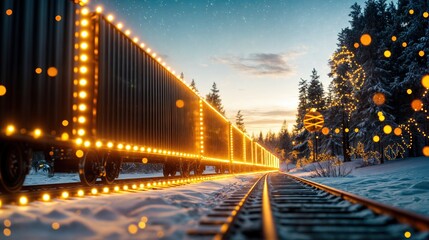 Holiday train glowing with golden lights traveling through a snowy landscape at sunset
