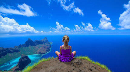 Fototapeta premium Young girl in purple dress sitting on mountain overlooking ocean