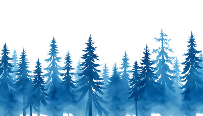 Fototapeta premium Seamless watercolor linear pattern, border. Blue spruce, pine, cedar, larch, abstract forest, silhouette of trees. On white isolated background, 8k unreal engine photorealism