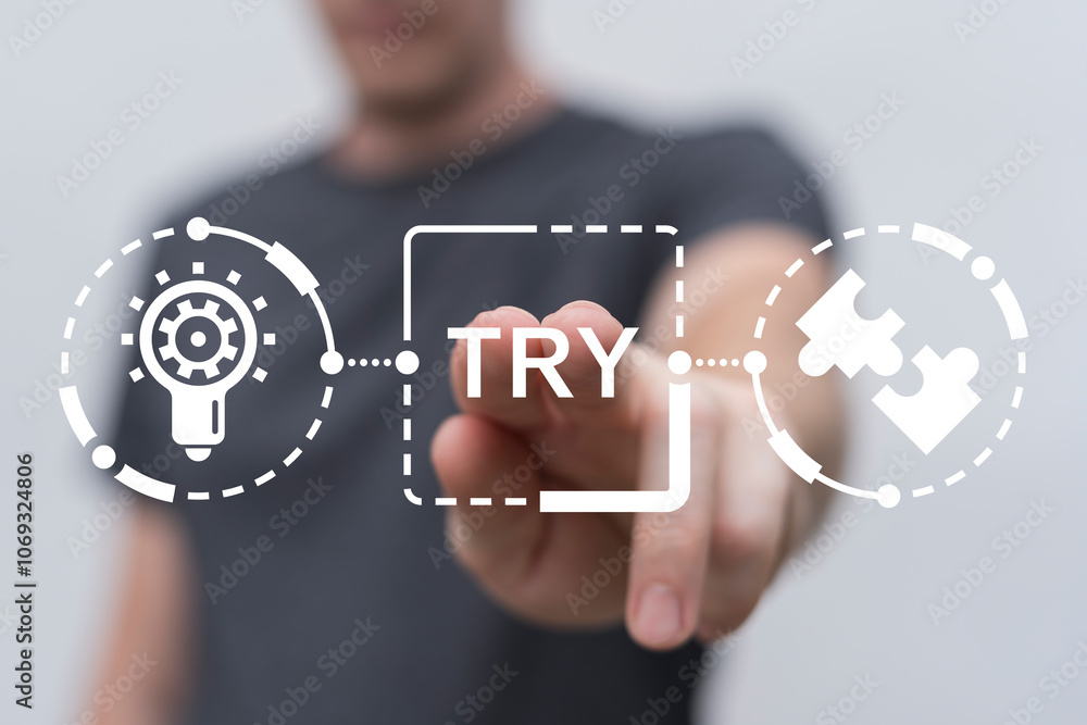 Poster man using virtual touch screen presses word: try. try it now or try again business slogan concept. t