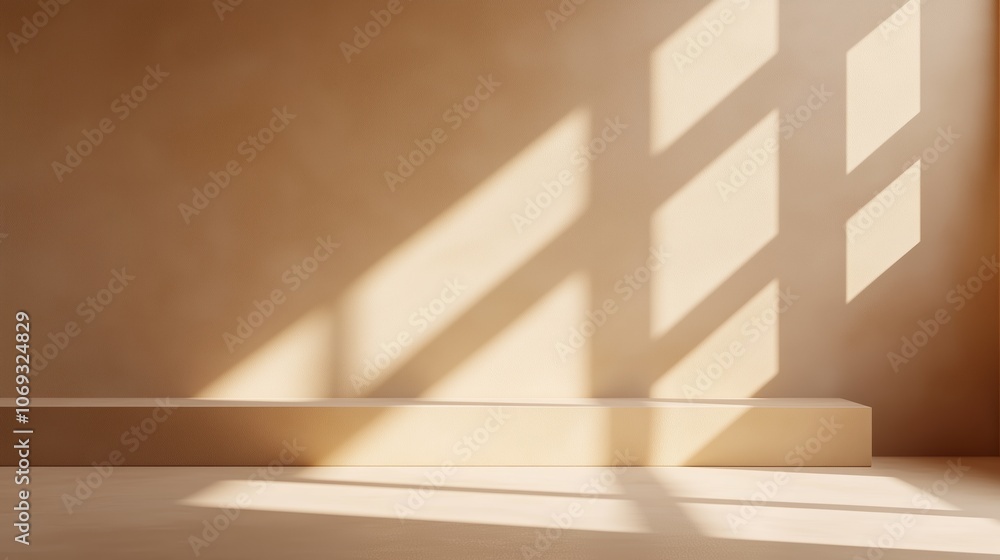 Poster natural light streaming through large windows illuminating a minimalist beige room with a simple woo