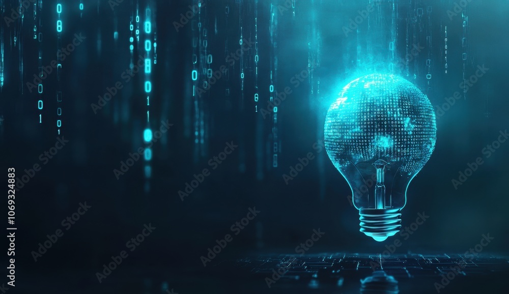 Poster abstract digital background with a light bulb and binary code, symbolizing innovation in technology 