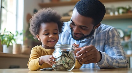 Child and adult sharing a money jar, symbolizing donation, savings, and family finance planning.