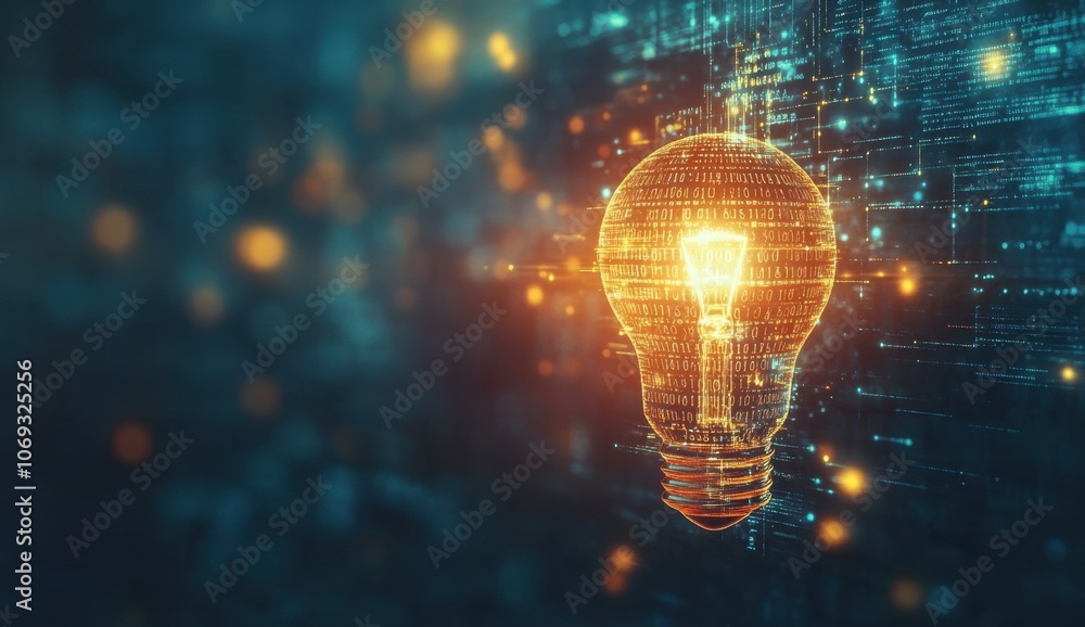 Poster abstract digital background with a glowing light bulb and binary code, an ai concept on a blue holog