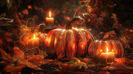 Pumpkins surrounded by autumn leaves and candles, typical Thanksgiving and Christmas scene