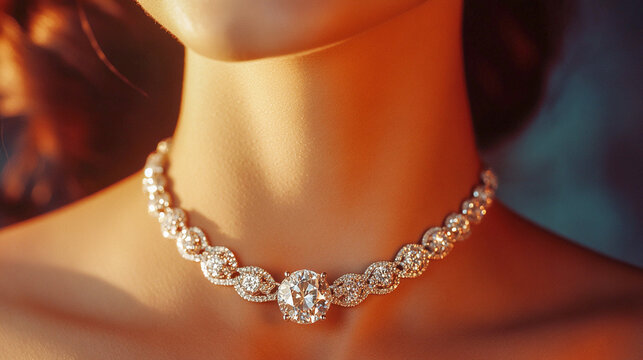 A close up woman neck with a beautiful diamond necklace. Trying on the necklace on delicate female skin. Luxury accessorise. Classic Jewellery design.