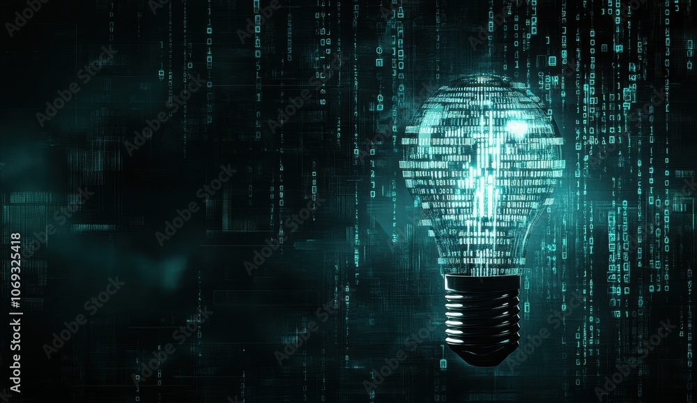 Poster abstract digital background with a light bulb and binary code, symbolizing innovation in the technol