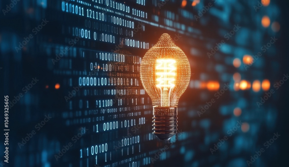 Poster abstract digital background with a glowing light bulb and binary code on a dark blue technology back