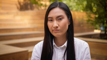 Close up Asian Korean woman businesswoman negative waving shaking head answer no rejection...