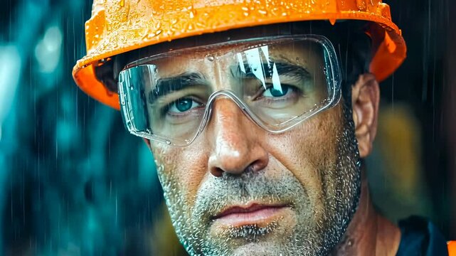 A middle-aged, Caucasian male construction worker bravely faces the weather, clad in an orange helmet wet with rain, displaying resilience and determination in harsh working conditions.