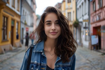Fototapeta premium Charming Young Woman in a Cozy Cobblestone Street