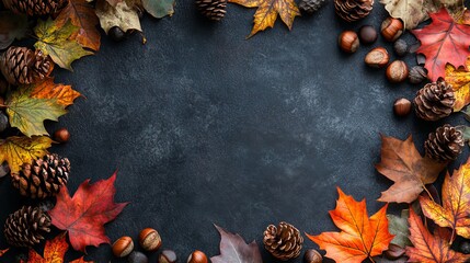 Corner border made of colorful fall leaves nuts and pine cones over a rustic dark background with ample copy space