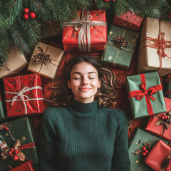 Young woman relaxing among christmas gifts, surrounded by festive decorations and fir branches