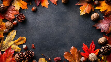 Corner border made of colorful fall leaves nuts and pine cones over a rustic dark background with ample copy space