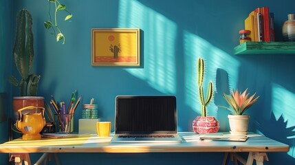 Home Office with Cactus and Sunlight