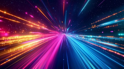 Vibrant light trails create a stunning visual effect, representing motion and speed through a cosmic space at night