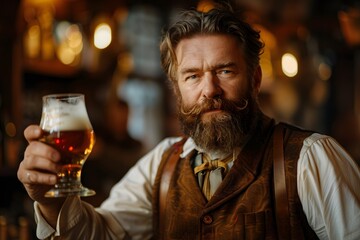 A Distinguished Gentleman Raising a Glass of Beer in a Cozy Tavern