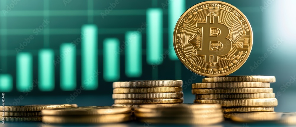 Poster golden bitcoin coins stacked with a rising graph in the background.