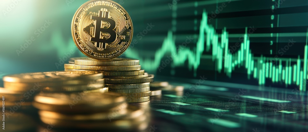 Poster close-up of shiny bitcoin coins stacked on a digital trading chart background.