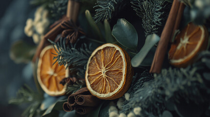 A cozy autumn wreath with dried oranges, cinnamon sticks, and green foliage.