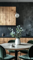 A serene kitchen corner featuring a eucalyptus arrangement in a modern vase