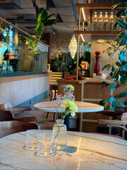 interior inside the restaurant in the morning, without people. Early breakfasts, beautiful interior, luxury