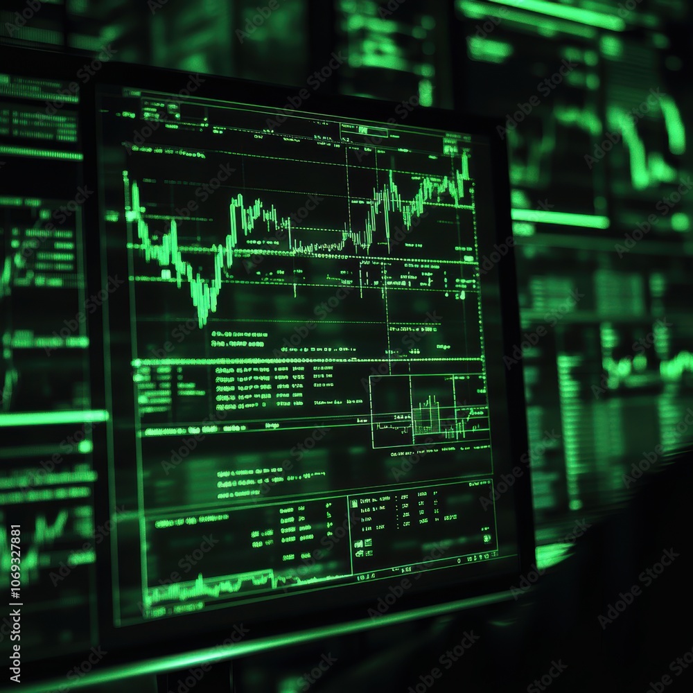 Poster close-up of a computer screen displaying stock market data in green tones.