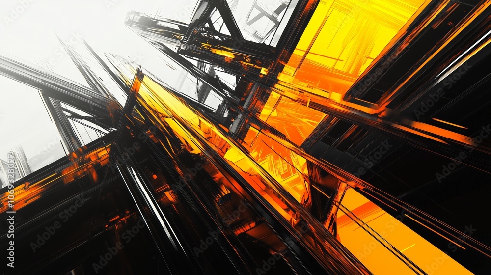 Poster abstract geometric structures with bright orange and black elements creating a dynamic visual effect