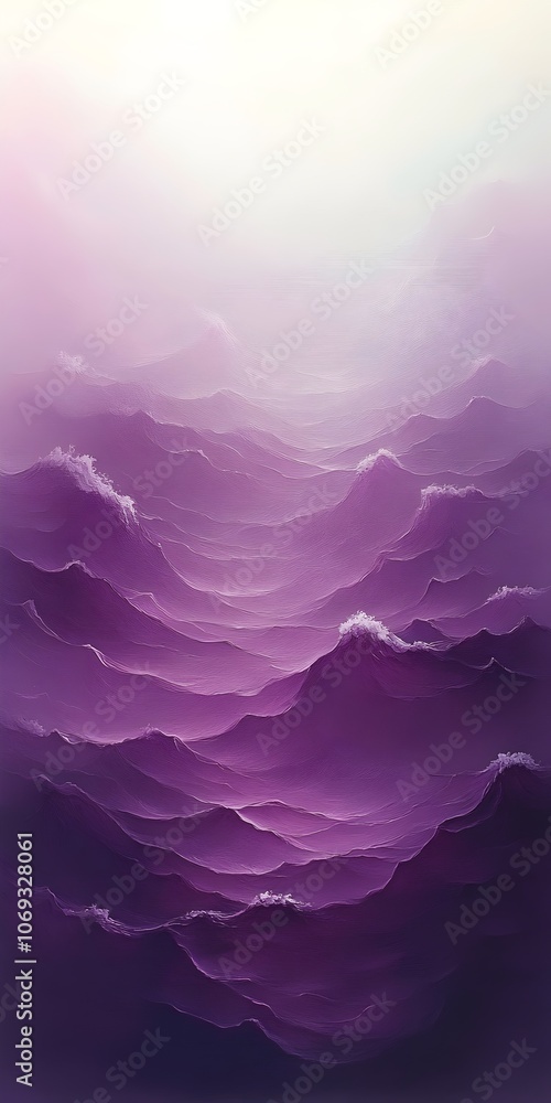 Poster a serene landscape of rolling purple mountains emerging from soft mist, creating a dreamlike atmosph