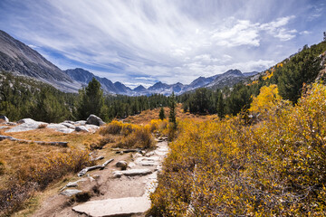 Fall landscape in the John Muir wilderness, Eastern Sierra mountains, California; rocky ridges visible in the background