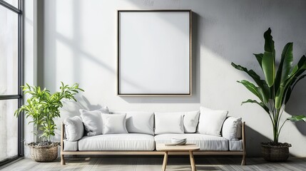 Minimalist Living Room with White Sofa and Empty Wall