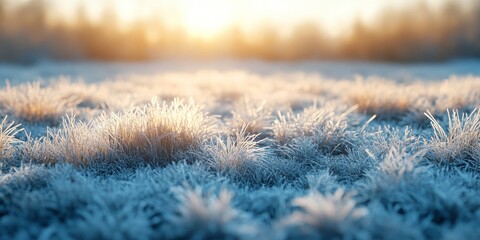 Obraz premium Frosty Morning Dew on Grass Blades in Cold Winter Morning