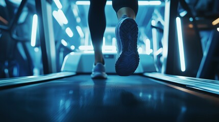 Closeup of a runners feet on a treadmill with a futuristic gym atmosphere highlighted by neon lights